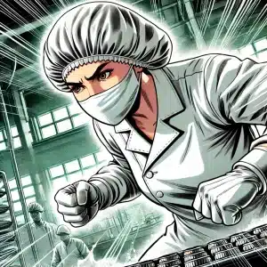 2024 09 01 17.24.08 a comic style illustration of a female food industry worker dressed in white clothing, with her hair completely covered by a white hairnet. she is dep