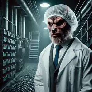 dall·e 2024 10 25 12.31.55 a mature and realistic illustration of a werewolf dressed as a food industry worker, wearing a white lab coat and hairnet. the werewolf is standing in